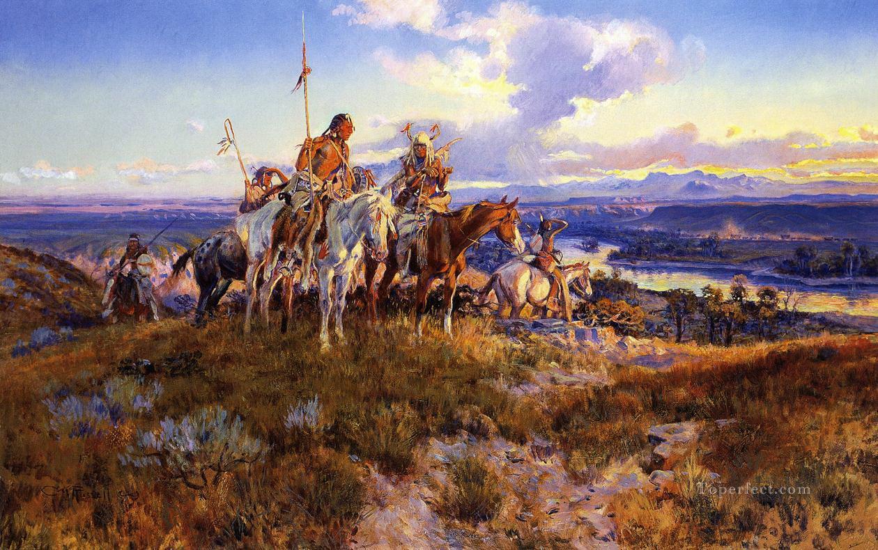 wagons 1921 Charles Marion Russell Indiens d’Amérique Peintures à l'huile